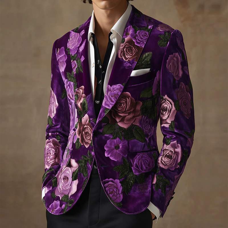 John | Men'S Vintage Velvet Large Flower Print Casual Single Breasted Blazer - Image 2