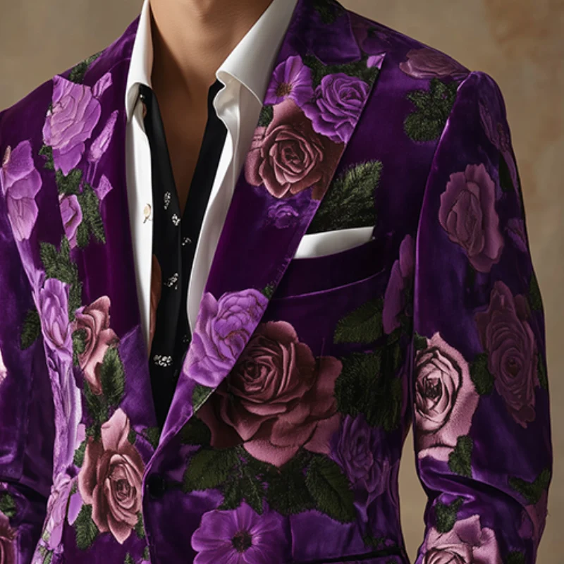 John | Men'S Vintage Velvet Large Flower Print Casual Single Breasted Blazer - Image 3