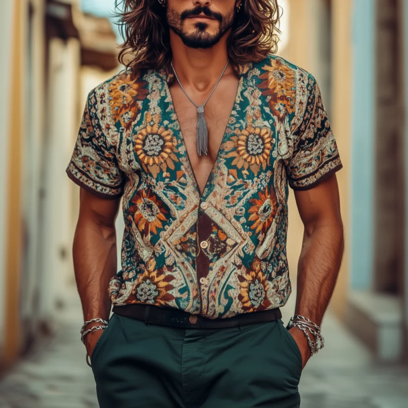 Johnny | Men'S Vintage Bohemian Print V-Neck Loose Short Sleeve Shirt - Image 2