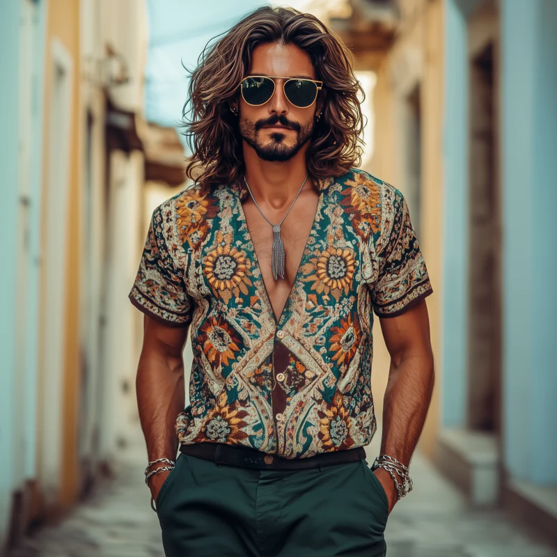 Johnny | Men'S Vintage Bohemian Print V-Neck Loose Short Sleeve Shirt - Image 3