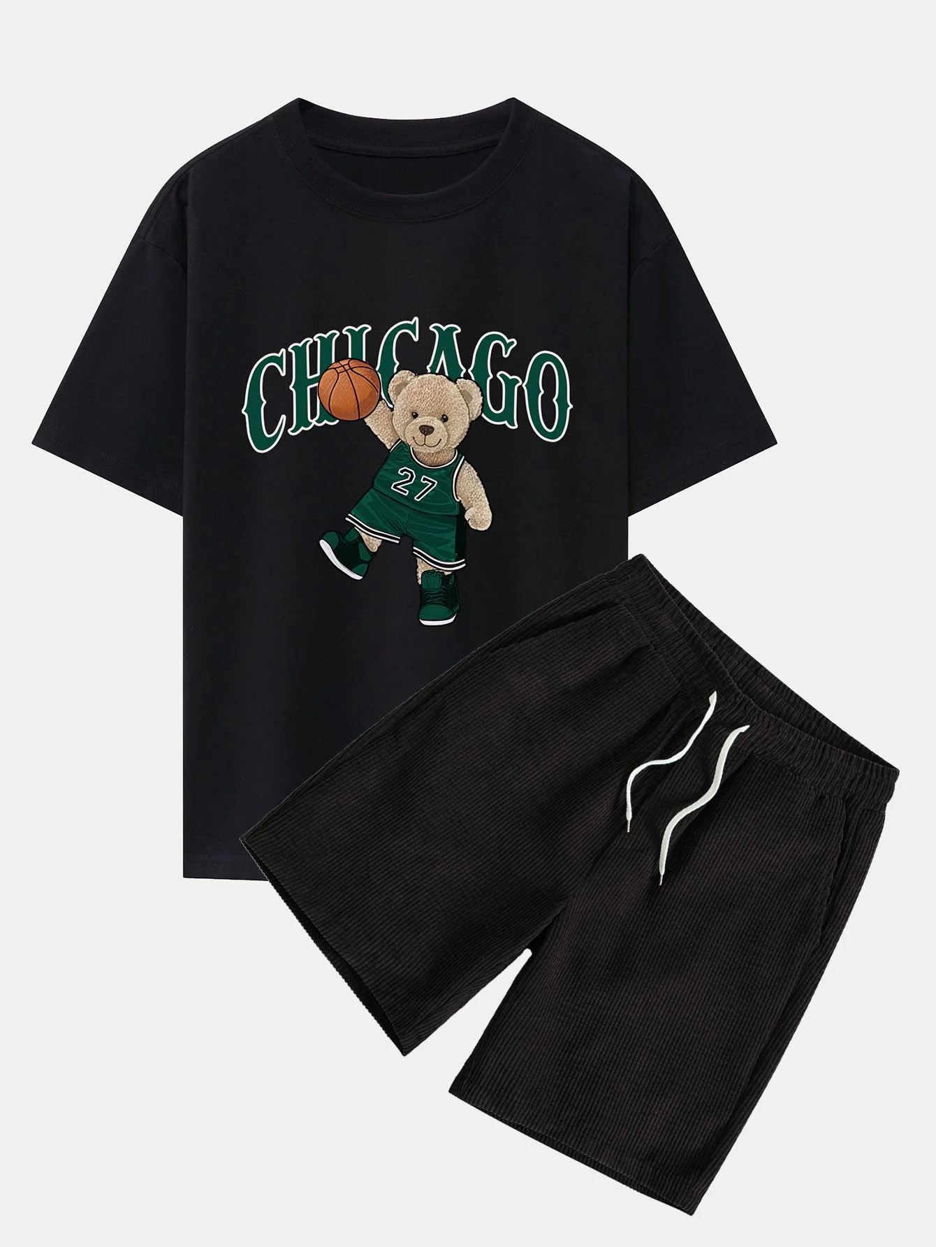 Jorge® | Chicago Basketball Bear Print Drop Shoulder Oversize T-Shirt & Drawstring Corduroy Shorts - Image 2