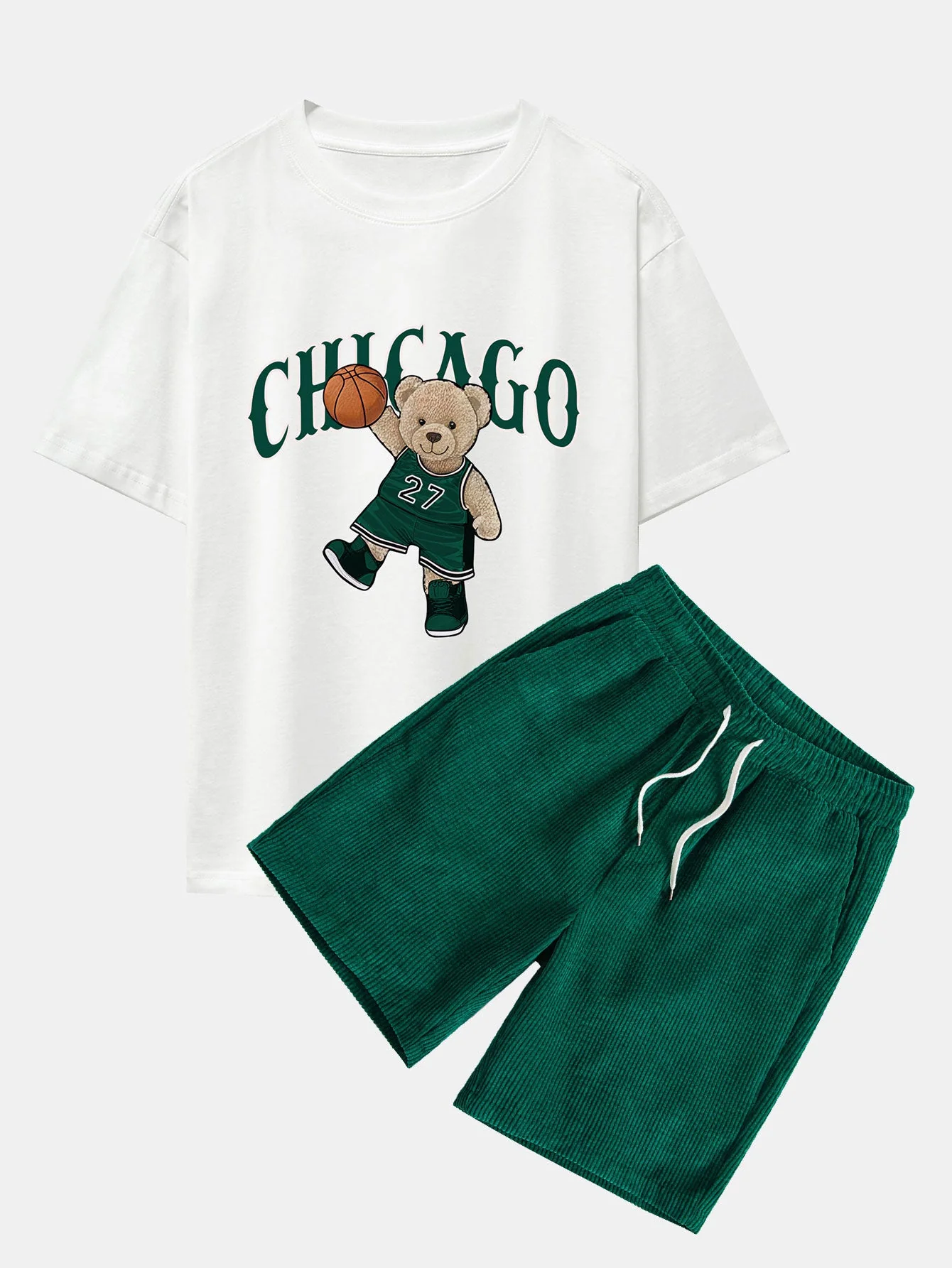Jorge® | Chicago Basketball Bear Print Drop Shoulder Oversize T-Shirt & Drawstring Corduroy Shorts - Image 3