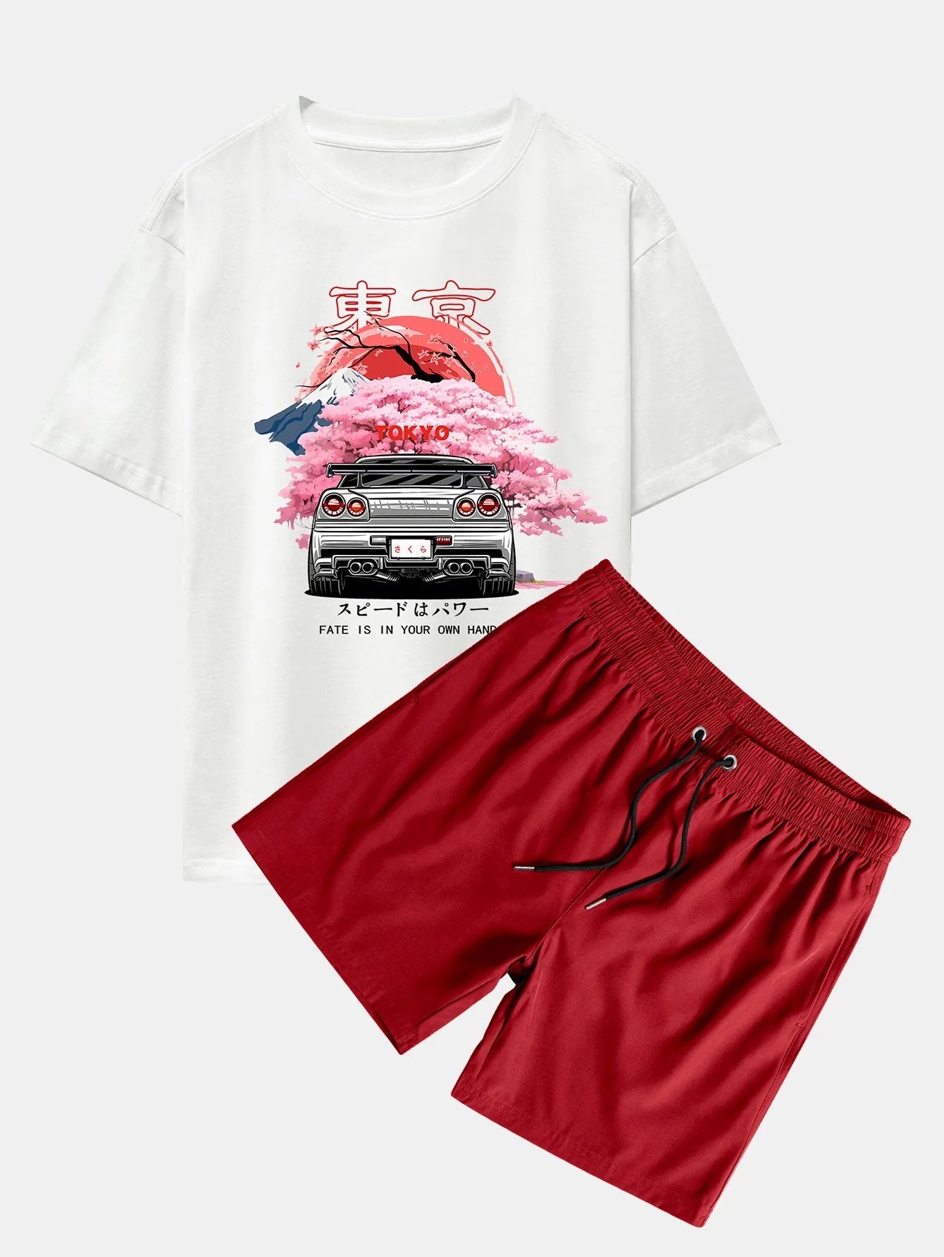 Jorge® | Tokyo Cherry Blossoms Car Print Drop Shoulder Oversize T-Shirt & Swim Shorts - Image 2