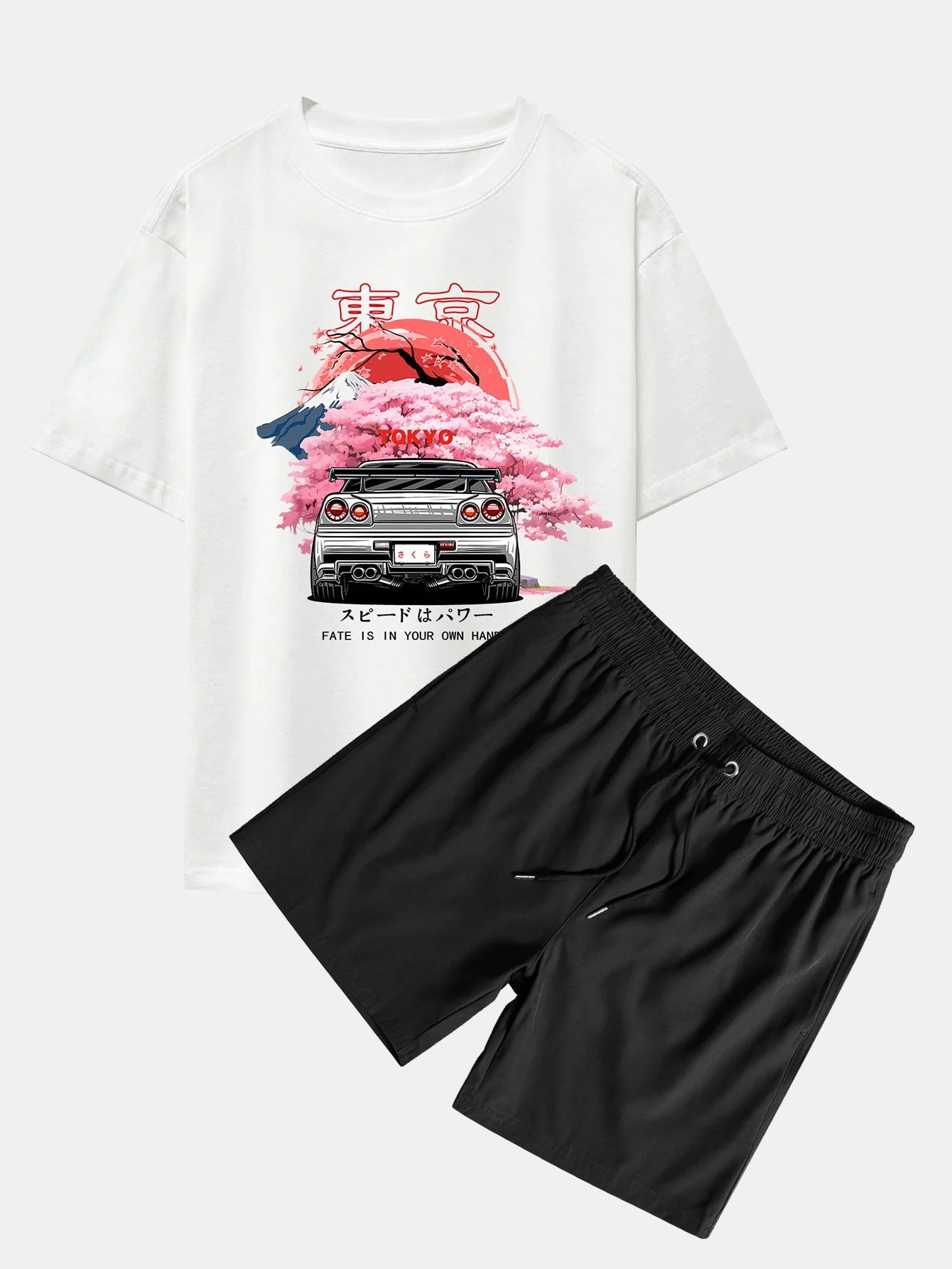Jorge® | Tokyo Cherry Blossoms Car Print Drop Shoulder Oversize T-Shirt & Swim Shorts - Image 3