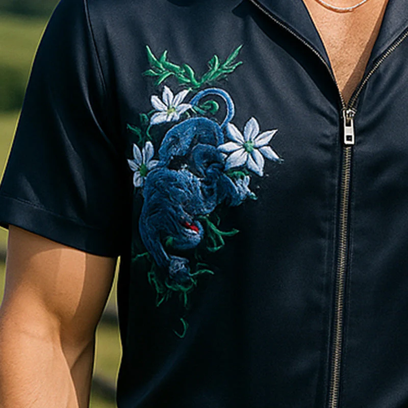 Jorge | Men'S Summer Fashion Satin Embroidery Short Sleeve Zipper Shirt - Image 3