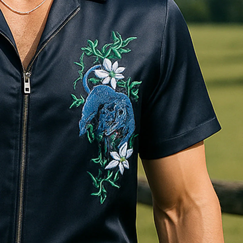 Jorge | Men'S Summer Fashion Satin Embroidery Short Sleeve Zipper Shirt - Image 4