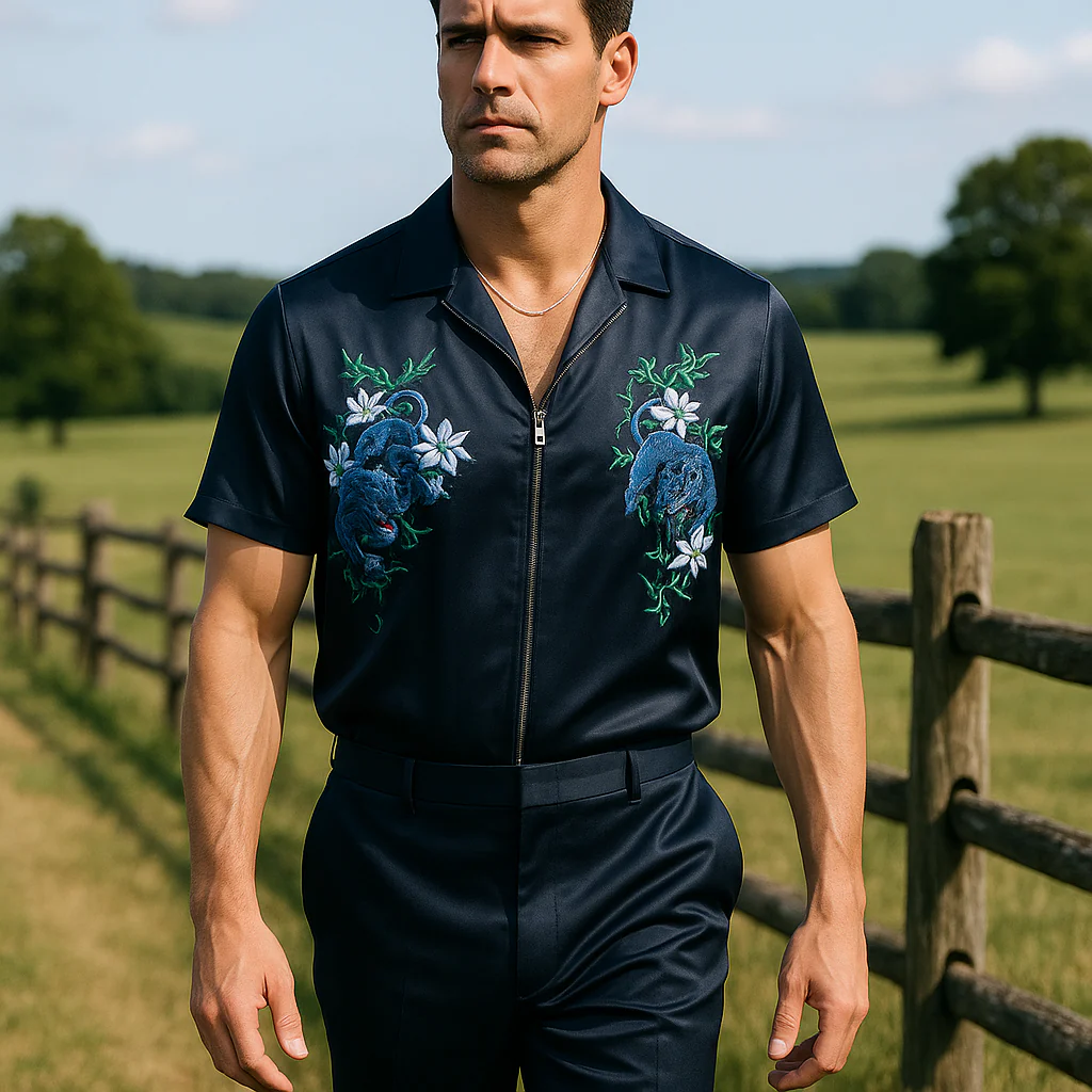 Jorge | Men'S Summer Fashion Satin Embroidery Short Sleeve Zipper Shirt - Image 5