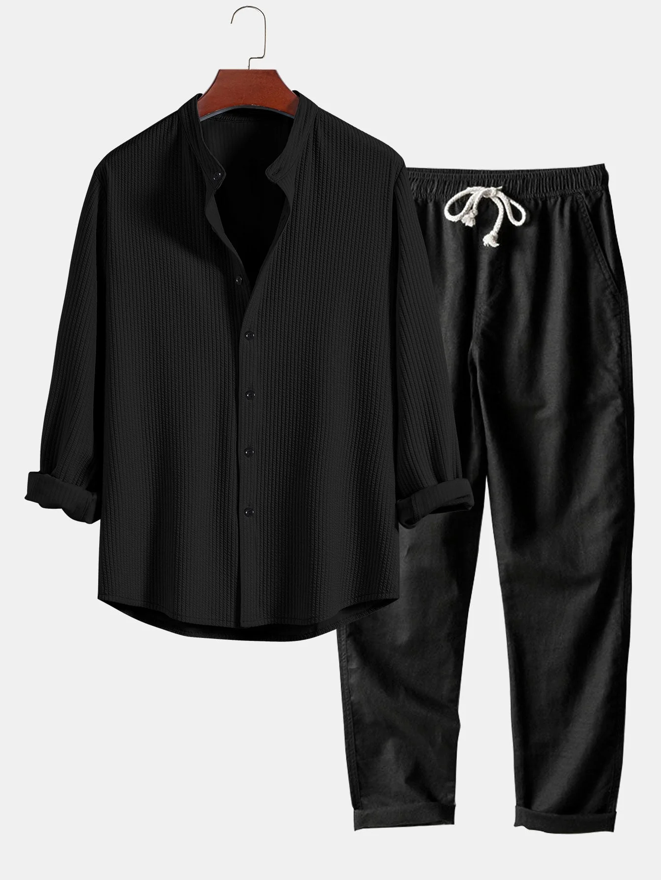 Joris® | Ribbed Muscle Fit Long Sleeve Shirt With Mandar Collar & Straight Leg Linen Trousers - Image 2