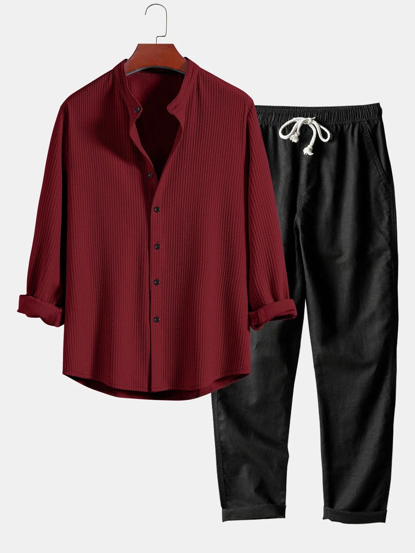 Joris® | Ribbed Muscle Fit Long Sleeve Shirt With Mandar Collar & Straight Leg Linen Trousers - Image 4