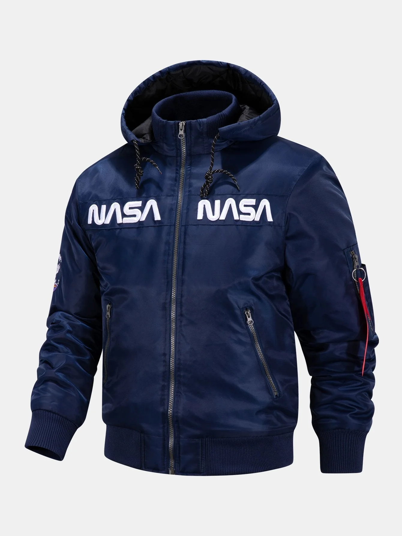 Jos�� | NASA Embroidery Quilted Lined Detachable Hooded Bomber Jacket - Image 7