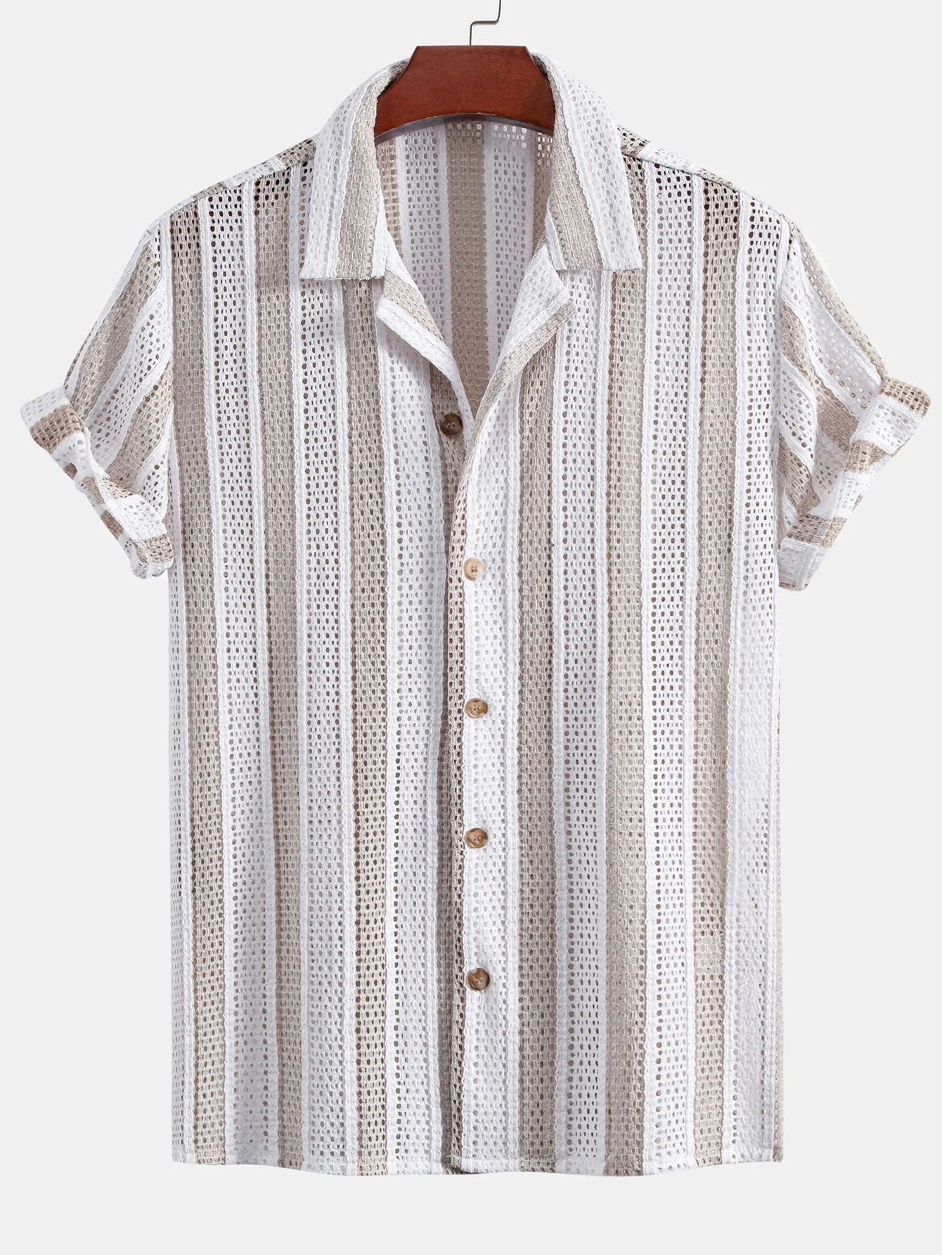 Josafat® | Striped Mesh Cuban Shirt & Wrinkle Textured Straight Leg Pants - Image 3