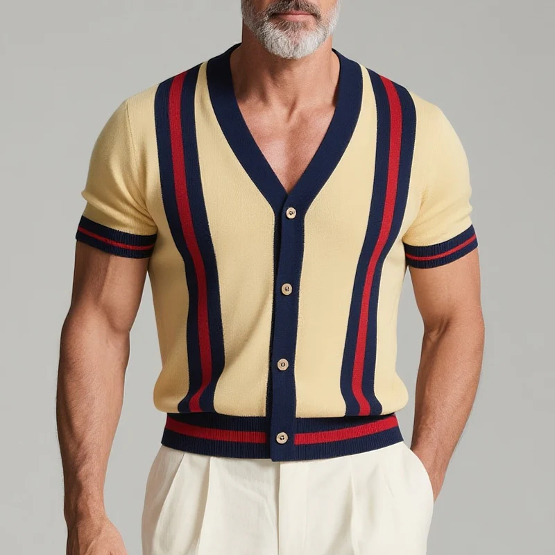 Joseph | Men'S Striped V Neck Short Sleeve Knit Cardigan - Image 2