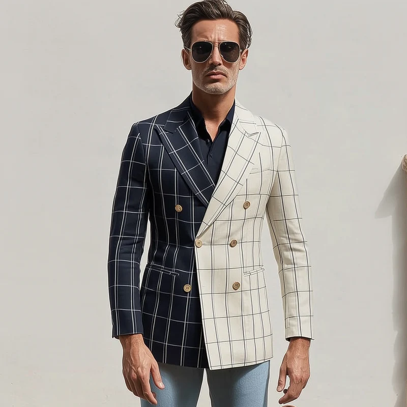 Joshua | Men'S Stylish Colorblock Cotton Blend Plaid Peaked Lapel Double-Breasted Slim-Fit Blazer - Image 3