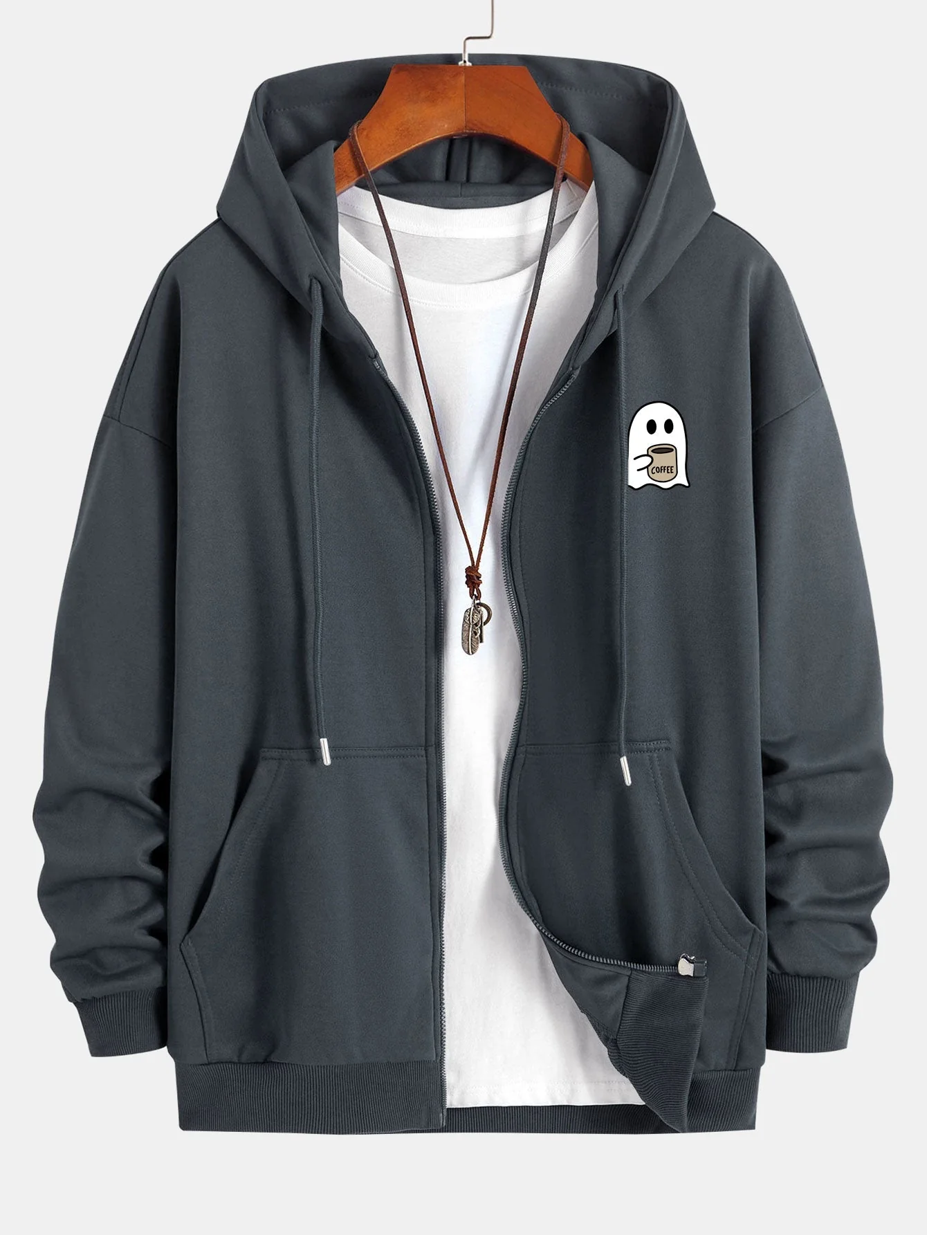Josías® | Ghost Drinking Coffee Print Relax Fit Zip Hoodie - Image 7
