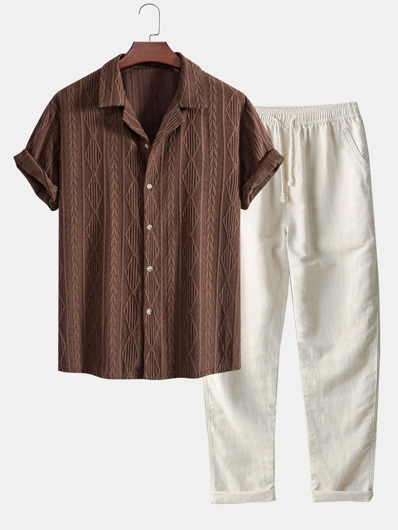 JossĀ® | Cuban Geometric Jacquard Shirt & Straight Linen Pants