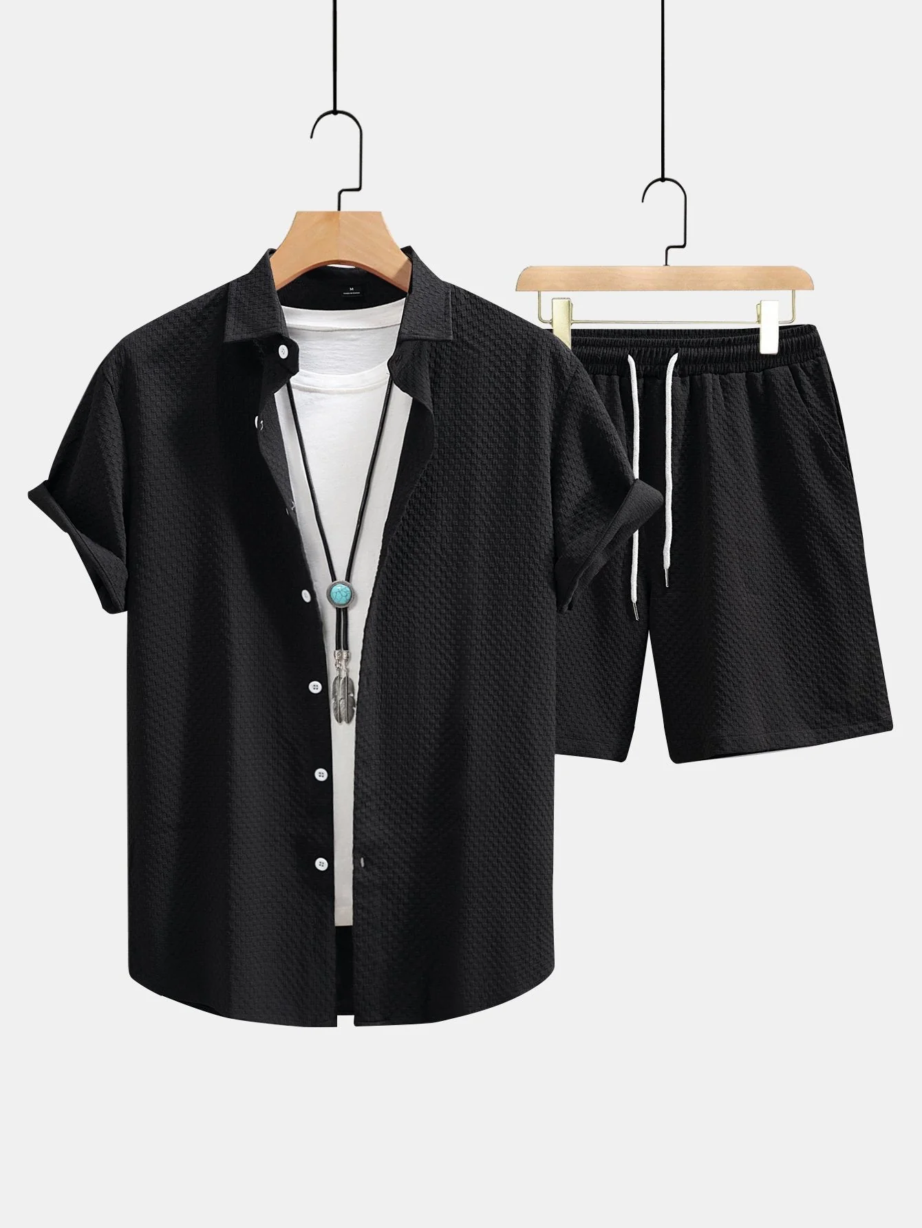 Josué® | Checkerboard Texture Button Up Shirt & Drawstring Shorts - Image 3