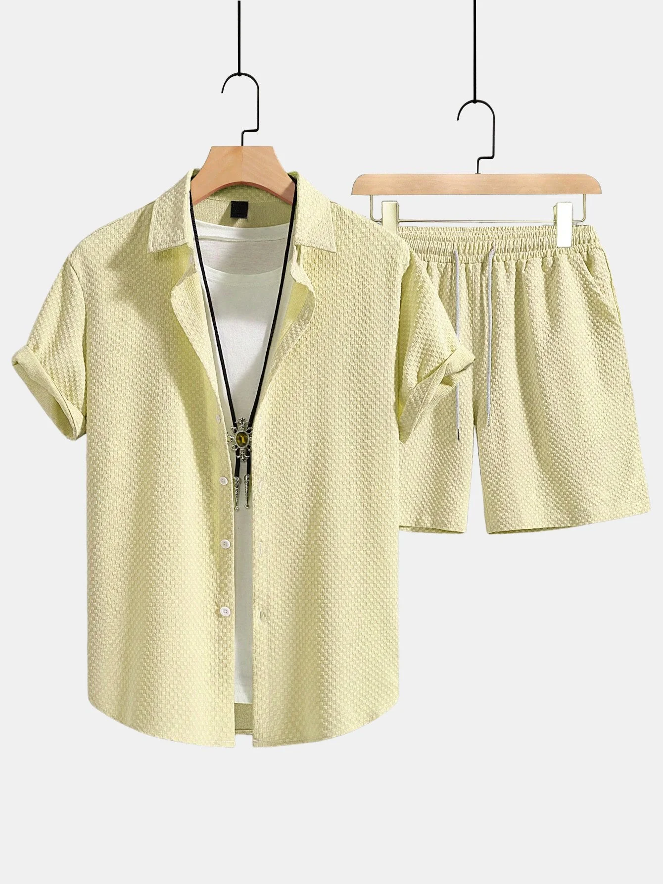 Josué® | Checkerboard Texture Button Up Shirt & Drawstring Shorts - Image 5