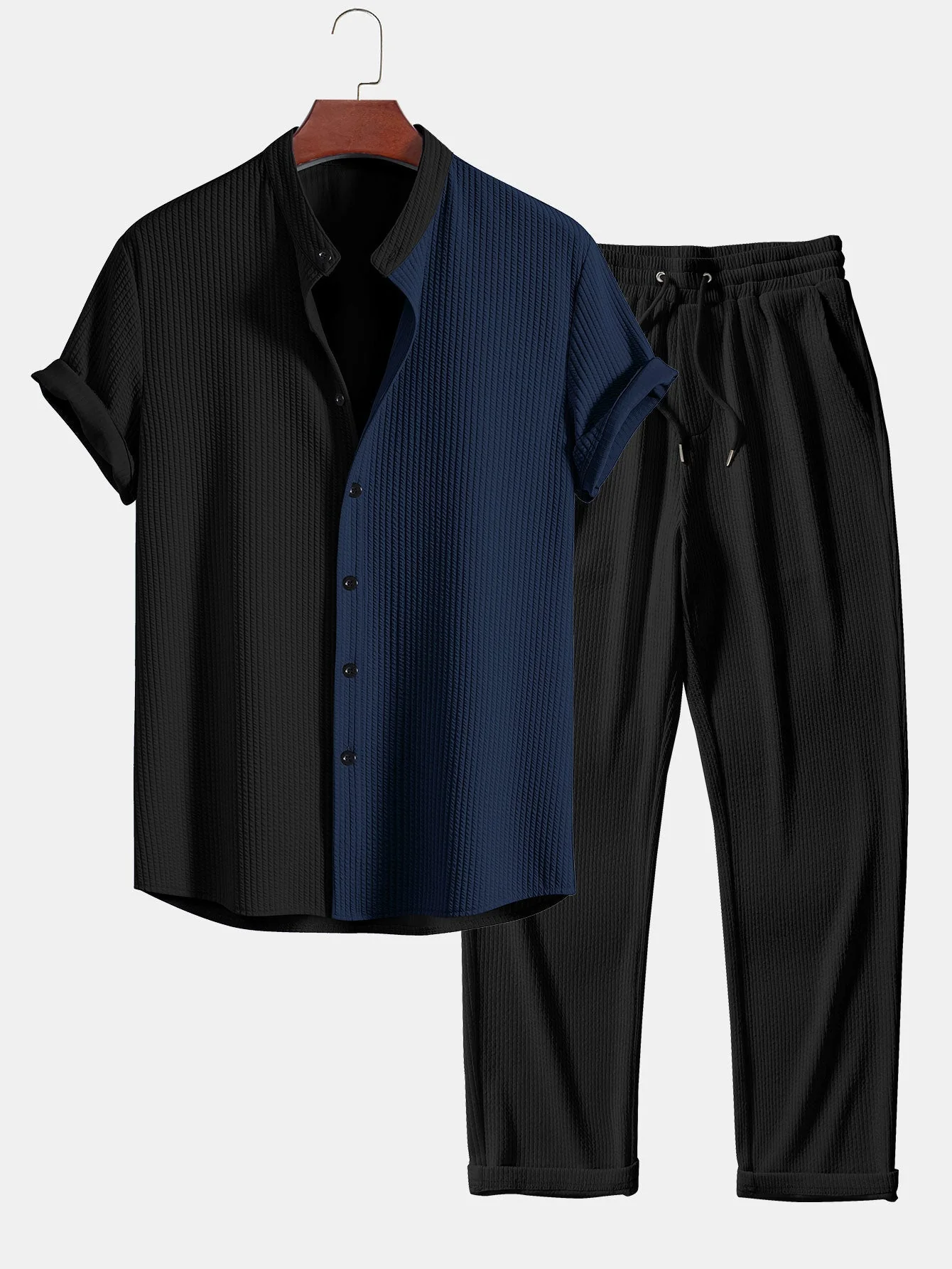 Joy® | Muscle Fit Ribbed Shirt With Mandar Collar & Ribbed Straight Leg Trousers - Image 3