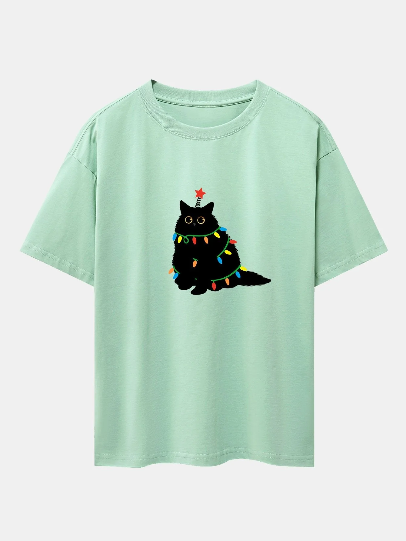 Juan® | Christmas Lights Black Cat Print Drop Shoulder Oversize T-Shirt - Image 11