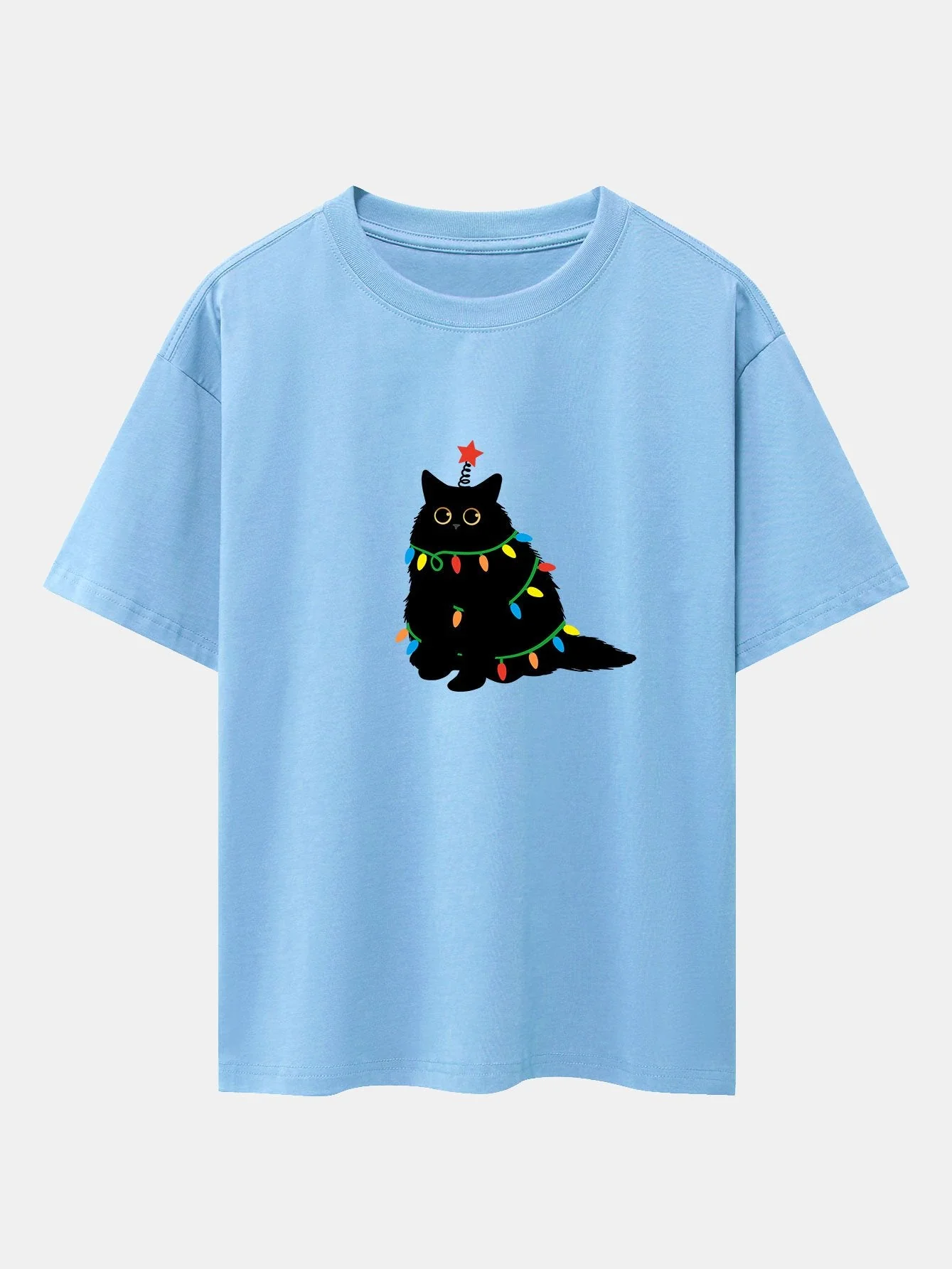 Juan® | Christmas Lights Black Cat Print Drop Shoulder Oversize T-Shirt - Image 13