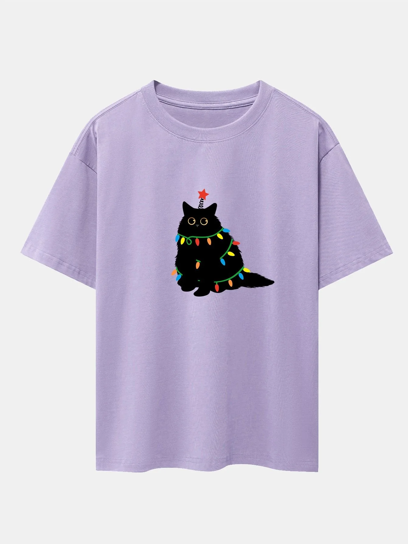 Juan® | Christmas Lights Black Cat Print Drop Shoulder Oversize T-Shirt - Image 14