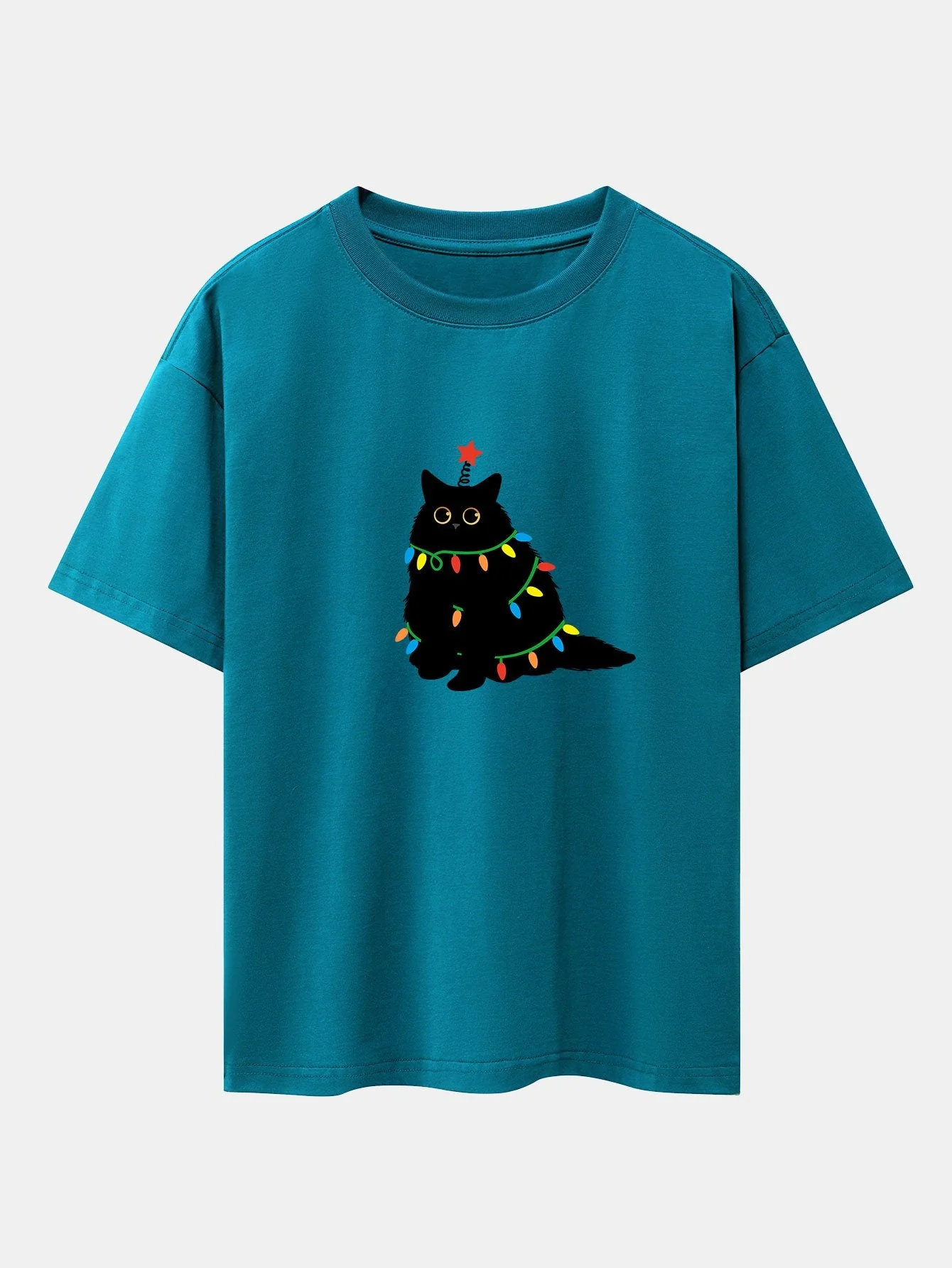 Juan® | Christmas Lights Black Cat Print Drop Shoulder Oversize T-Shirt - Image 15