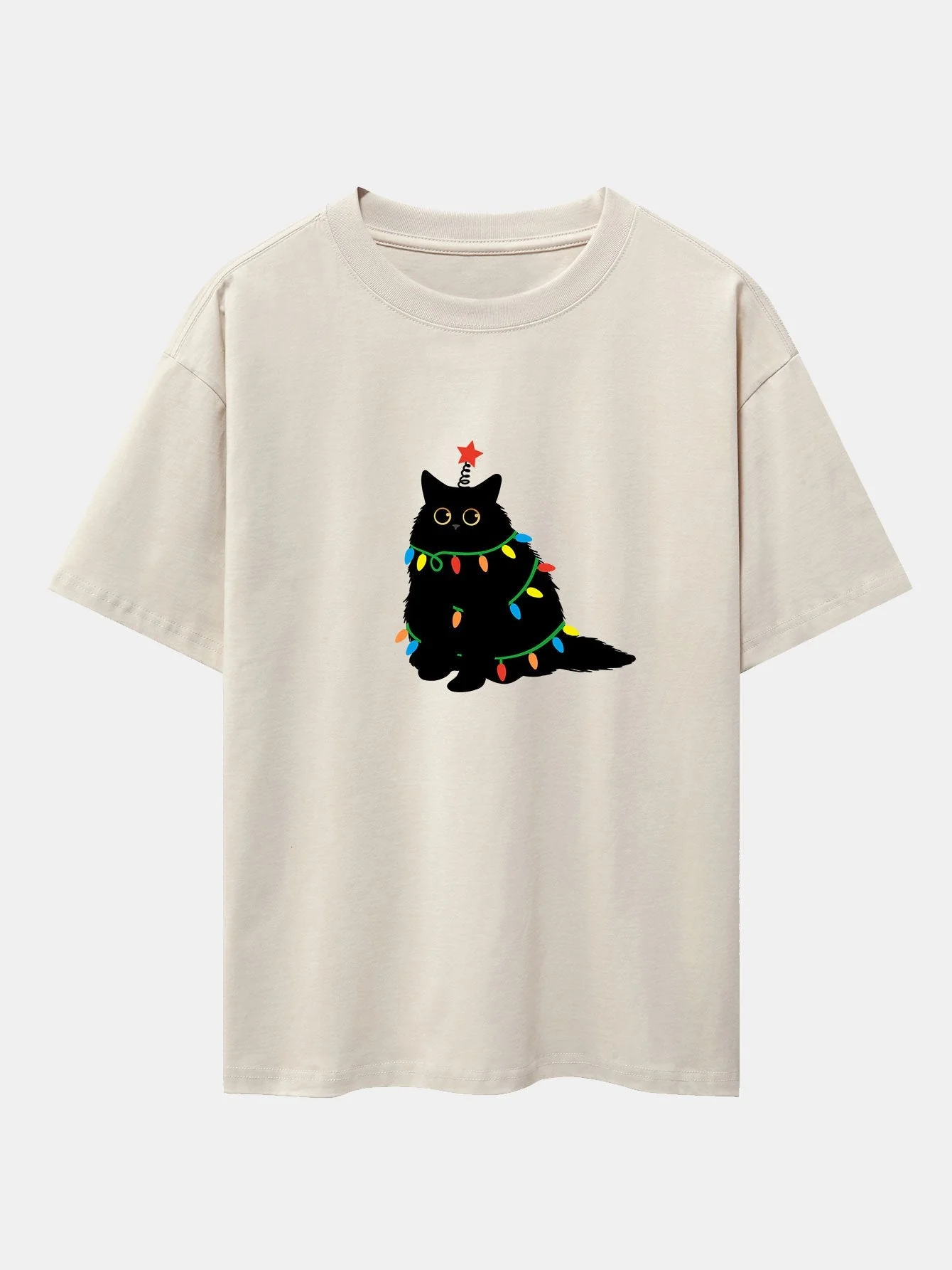 Juan® | Christmas Lights Black Cat Print Drop Shoulder Oversize T-Shirt - Image 2