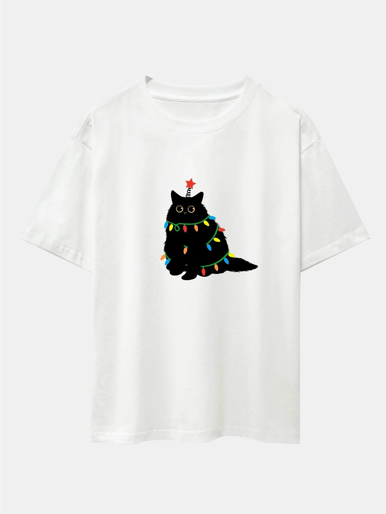 Juan® | Christmas Lights Black Cat Print Drop Shoulder Oversize T-Shirt - Image 3