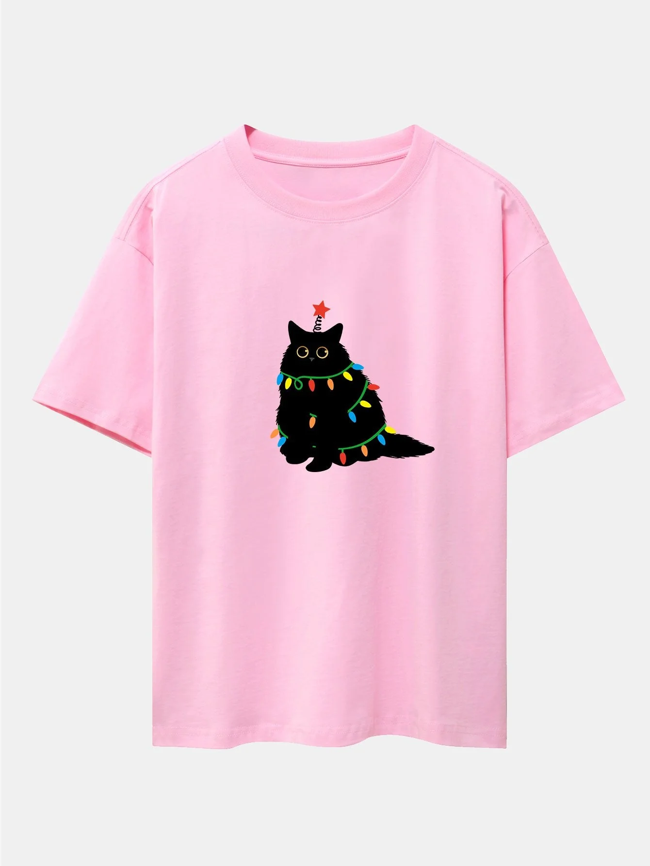 Juan® | Christmas Lights Black Cat Print Drop Shoulder Oversize T-Shirt - Image 5