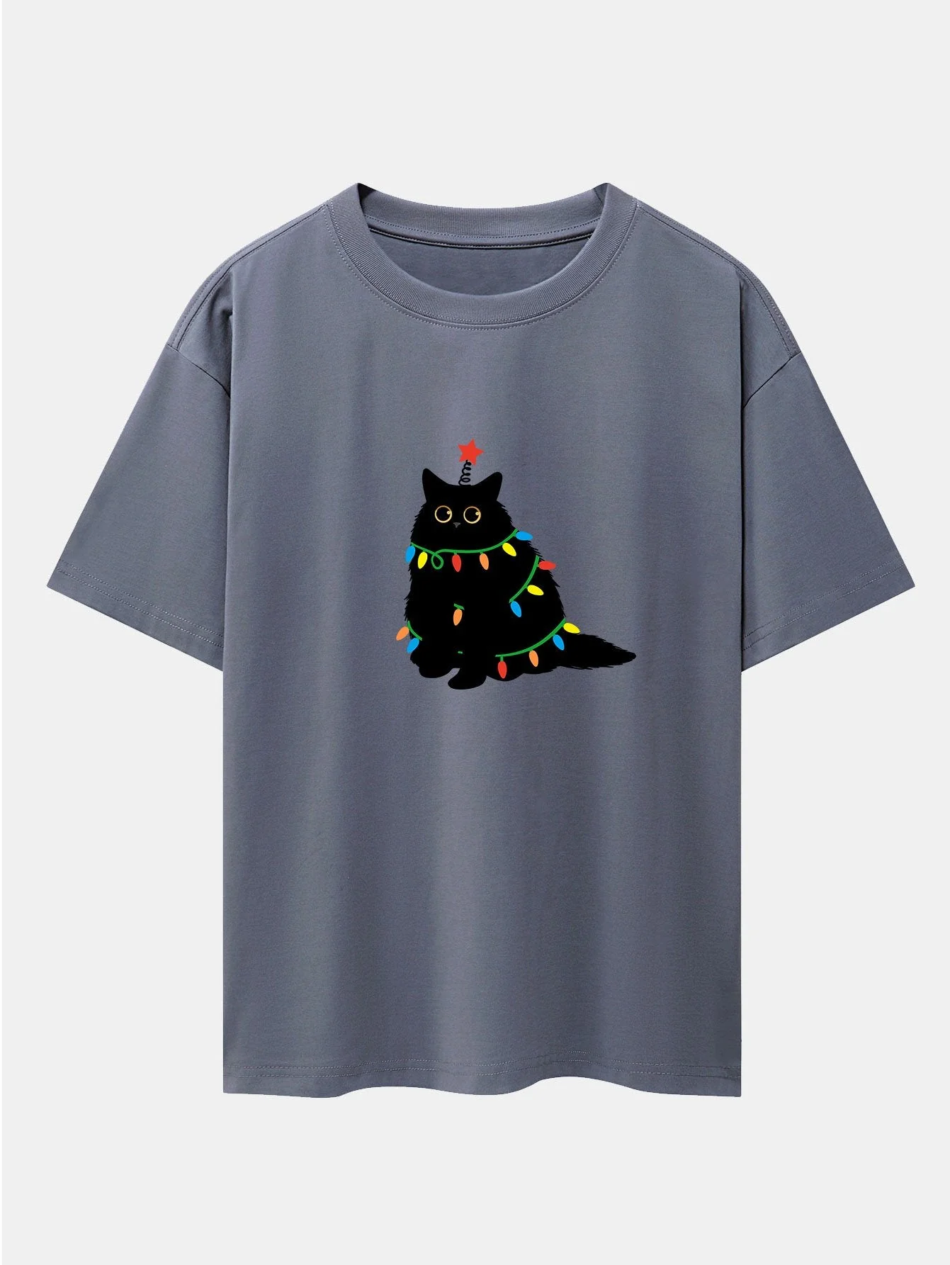 Juan® | Christmas Lights Black Cat Print Drop Shoulder Oversize T-Shirt - Image 6
