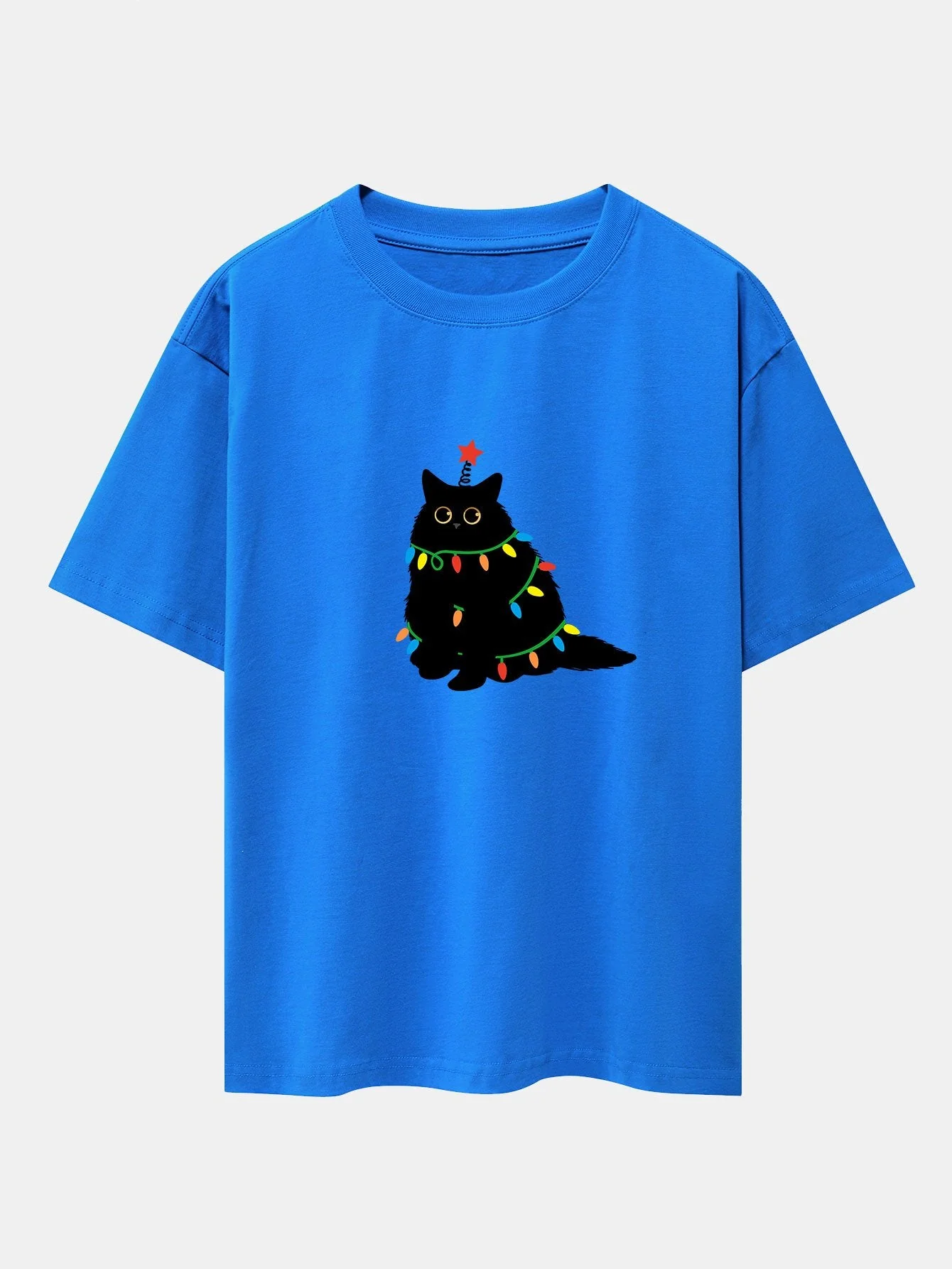 Juan® | Christmas Lights Black Cat Print Drop Shoulder Oversize T-Shirt - Image 7