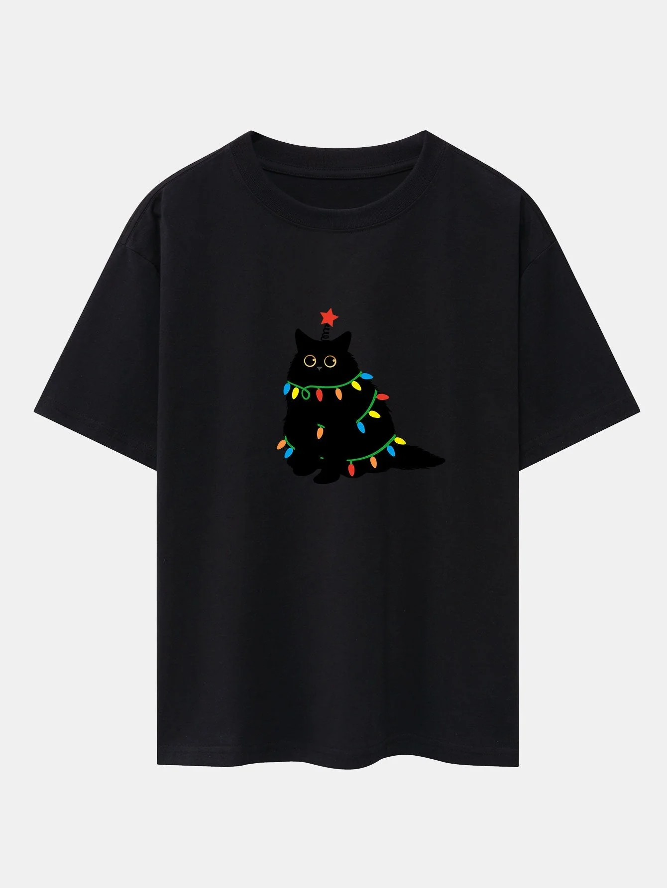 Juan® | Christmas Lights Black Cat Print Drop Shoulder Oversize T-Shirt - Image 9