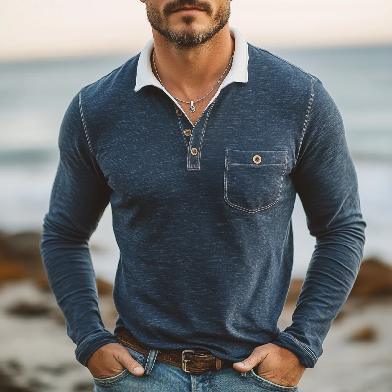 Juan | Men'S Business Cotton Colorblock Collar Long Sleeve Polo Shirt - Image 2