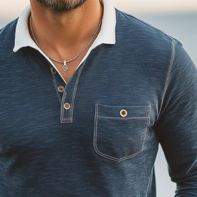 Juan | Men'S Business Cotton Colorblock Collar Long Sleeve Polo Shirt - Image 3