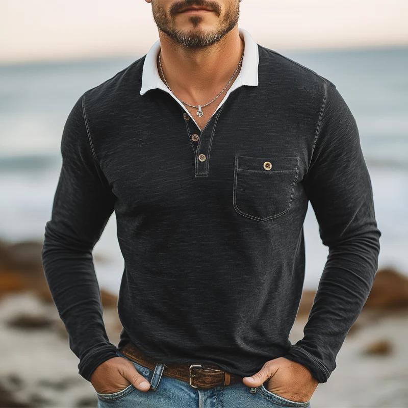 Juan | Men'S Business Cotton Colorblock Collar Long Sleeve Polo Shirt - Image 4