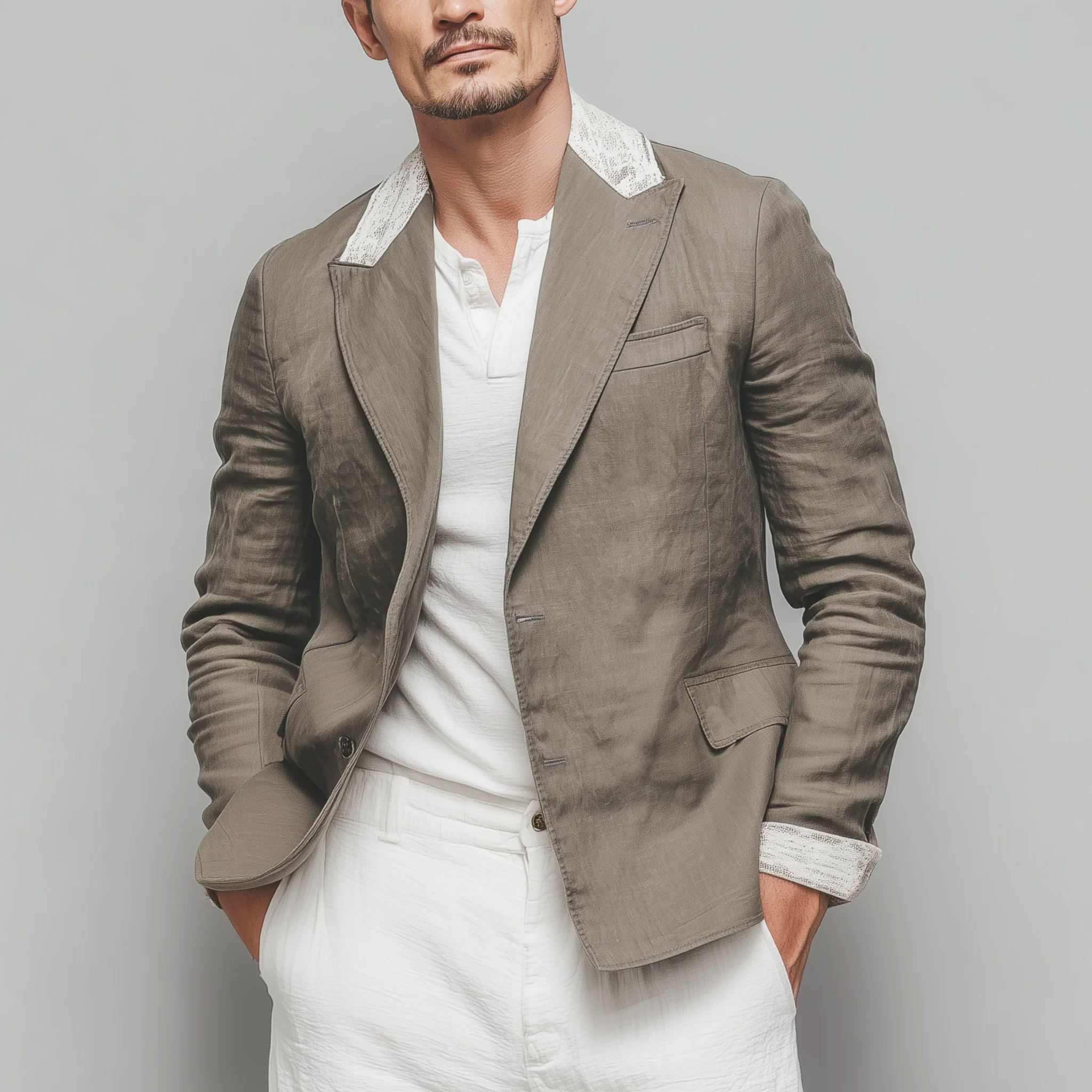 Juan | Men'S Stylish Casual Cotton And Linen Blend Collar And Cuffs Lace Single-Breasted Blazer - Image 2