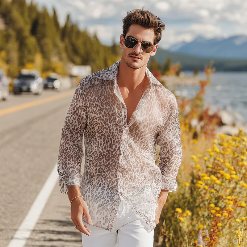 Juan | Men'S Summer Fashion Casual Chiffon Slightly Transparent Sexy Leopard Print Long Sleeve Shirt - Image 3