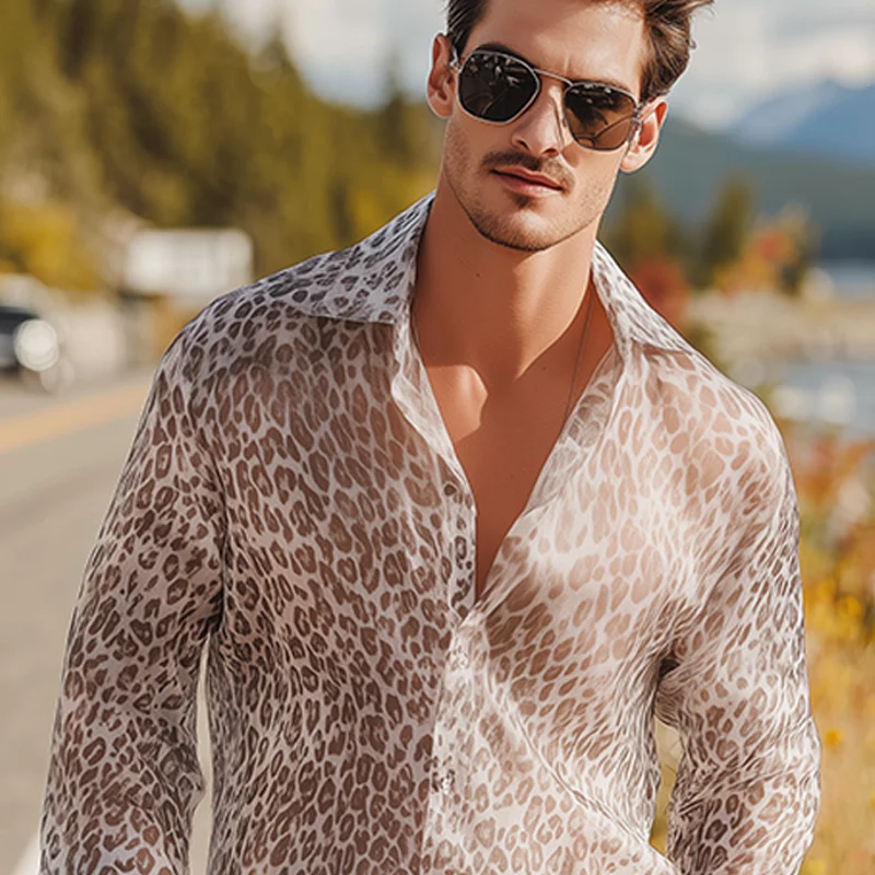 Juan | Men'S Summer Fashion Casual Chiffon Slightly Transparent Sexy Leopard Print Long Sleeve Shirt - Image 4