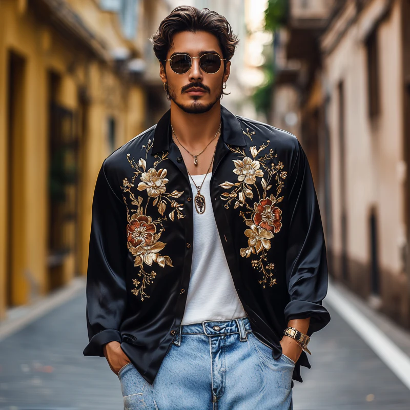 Juan | Men'S Vintage Flower Embroidery Elegant Solid Satin Lapel Loose Long Sleeve Shirt - Image 3
