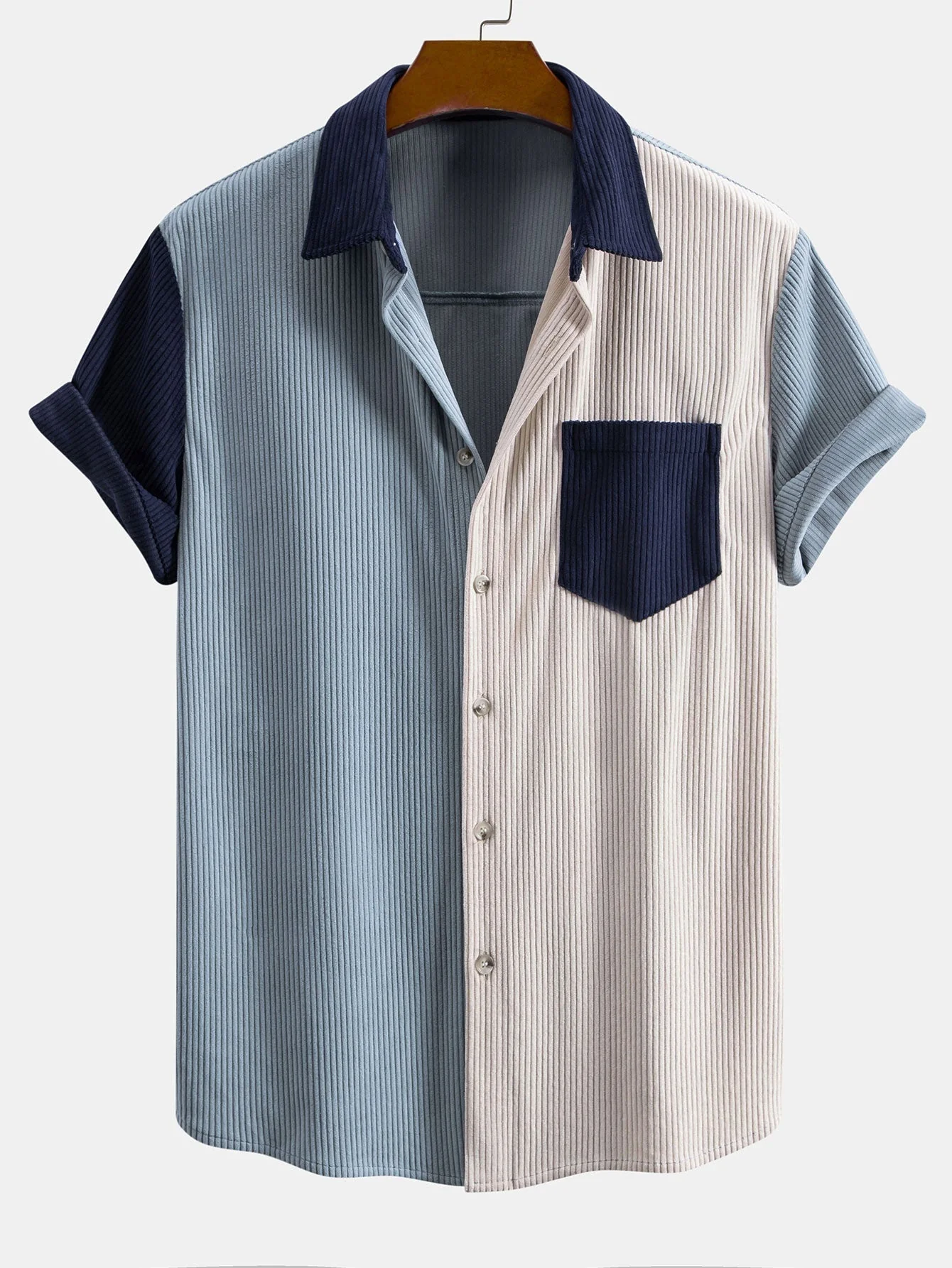 Judas® | Short Sleeve Corduroy Patchwork Shirt & Corduroy Drawstring Shorts - Image 2