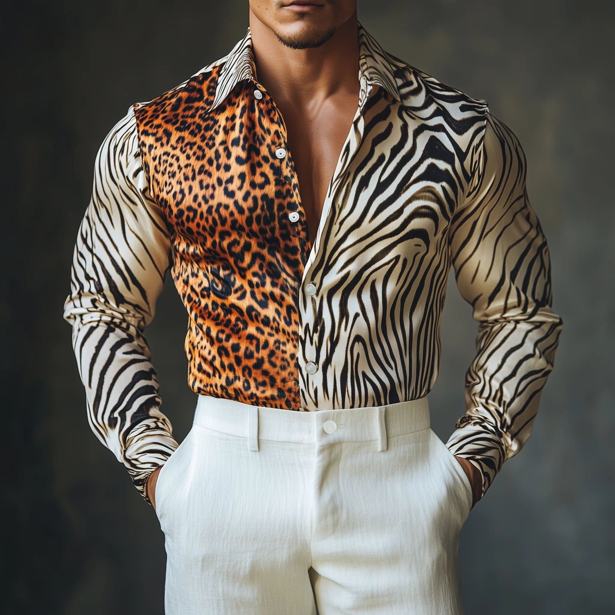 Julian | Men'S Stylish Casual Satin Leopard And Zebra Print Slim Fit Long Sleeve Shirt - Image 2