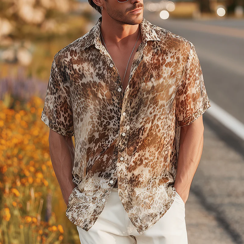 Julian | Men'S Summer Fashion Casual Chiffon Slightly Transparent Sexy Leopard Print Short-Sleeved Shirt - Image 2