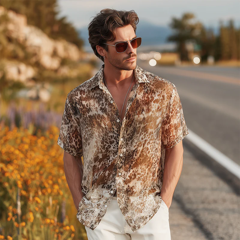 Julian | Men'S Summer Fashion Casual Chiffon Slightly Transparent Sexy Leopard Print Short-Sleeved Shirt - Image 3