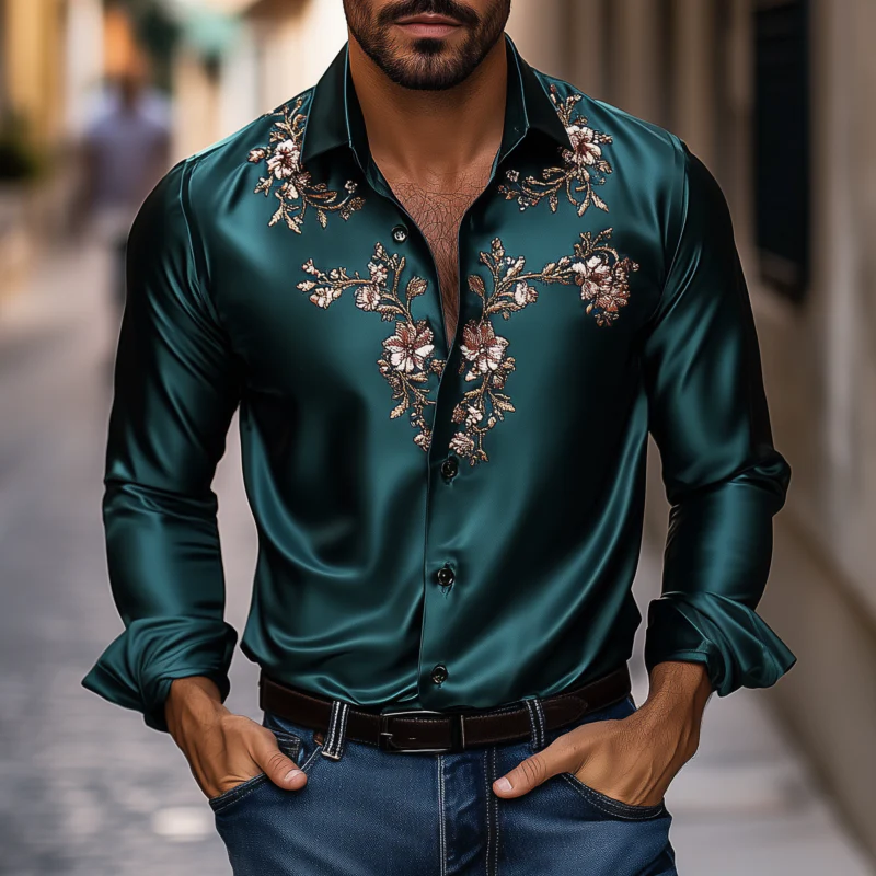 Julian | Men'S Vintage Flower Embroidery Elegant Solid Satin Lapel Slim Fit Long Sleeve Shirt - Image 2