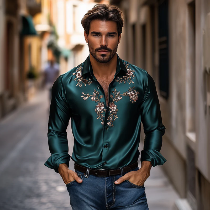 Julian | Men'S Vintage Flower Embroidery Elegant Solid Satin Lapel Slim Fit Long Sleeve Shirt - Image 3