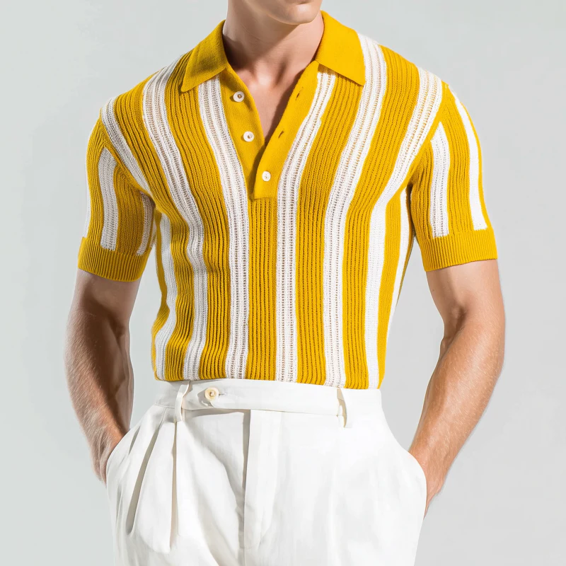 Julio | Men'S Casual Breathable Contrast Color Vertical Stripes Lapel Slim Fit Knitted Short-Sleeved Polo Shirt - Image 2
