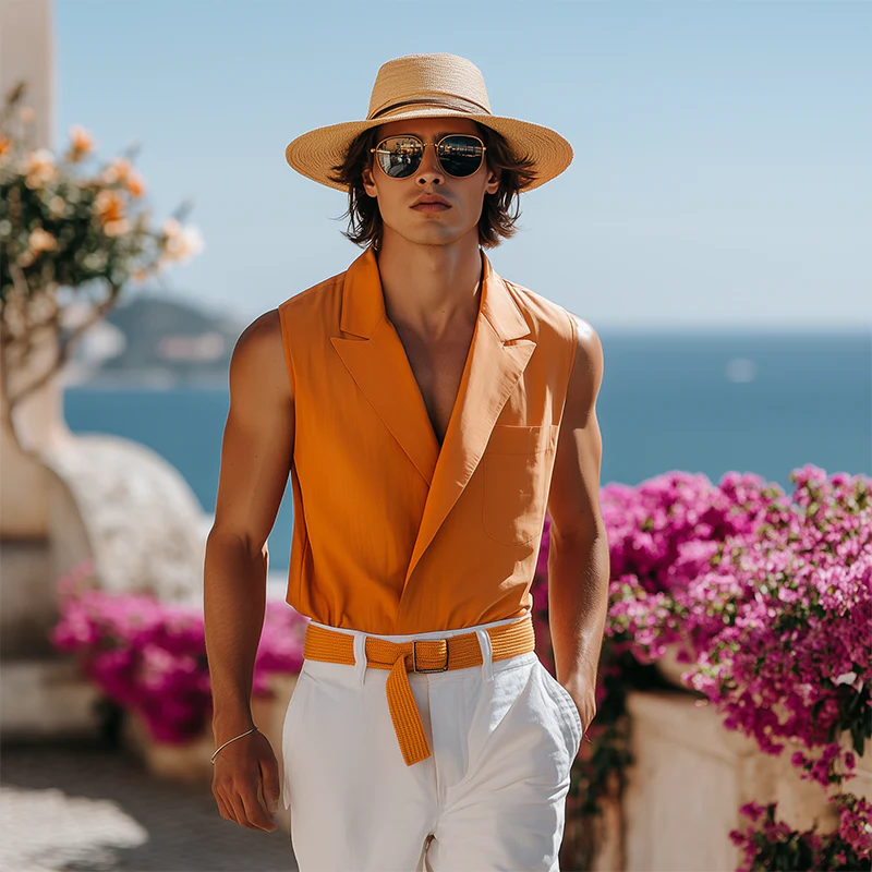 Julio | Men'S Spring And Summer Fashion Casual Cotton Blended Blazer Collar Concealed Placket Double Breasted Adjustable Sleeveless Shirt - Image 3