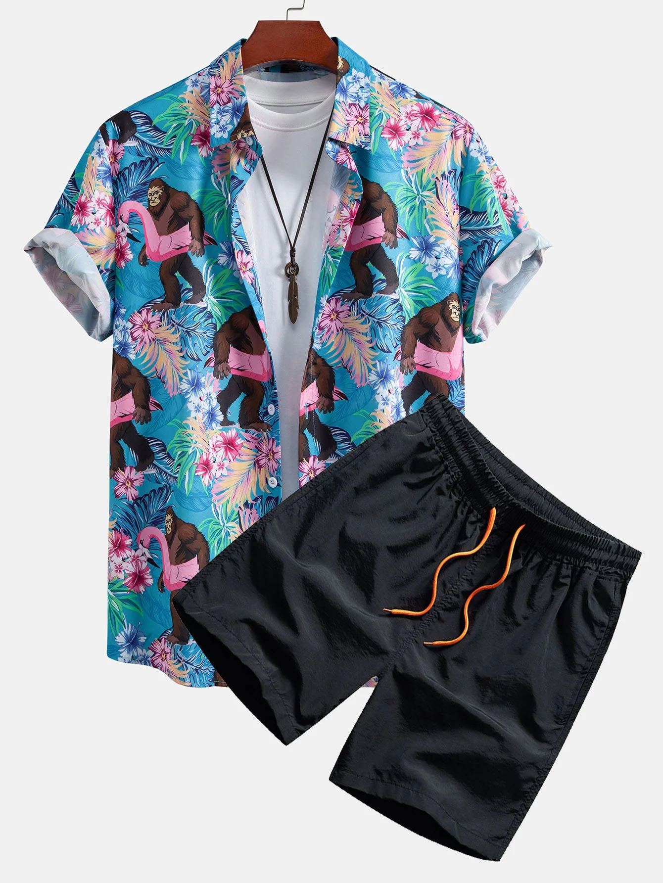 Justin® | Tropical Plants And Orangutan Print Button Up Shirt & Swim Shorts - Image 4
