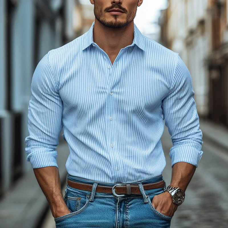 Justin | Men'S Striped Printed Cotton And Linen Long Sleeve Shirt - Image 2