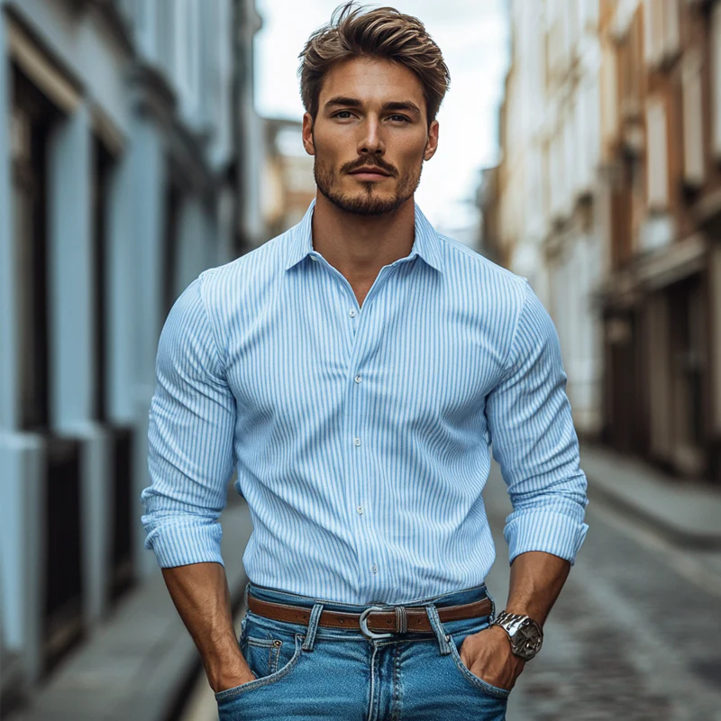 Justin | Men'S Striped Printed Cotton And Linen Long Sleeve Shirt - Image 5